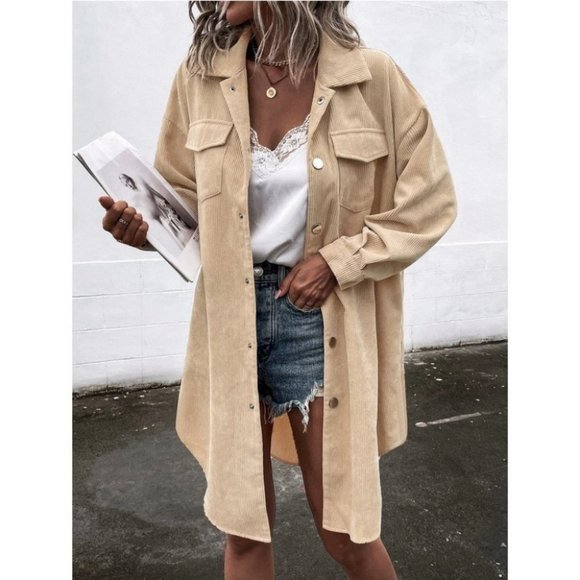 Corduroy Snap Button Flap Pocket Curved Hem Coat Khaki - Picture 6 of 6